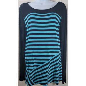 Dana Buchman Black Teal Striped Long Sleeve Top XL Lightweight Soft Stretchy